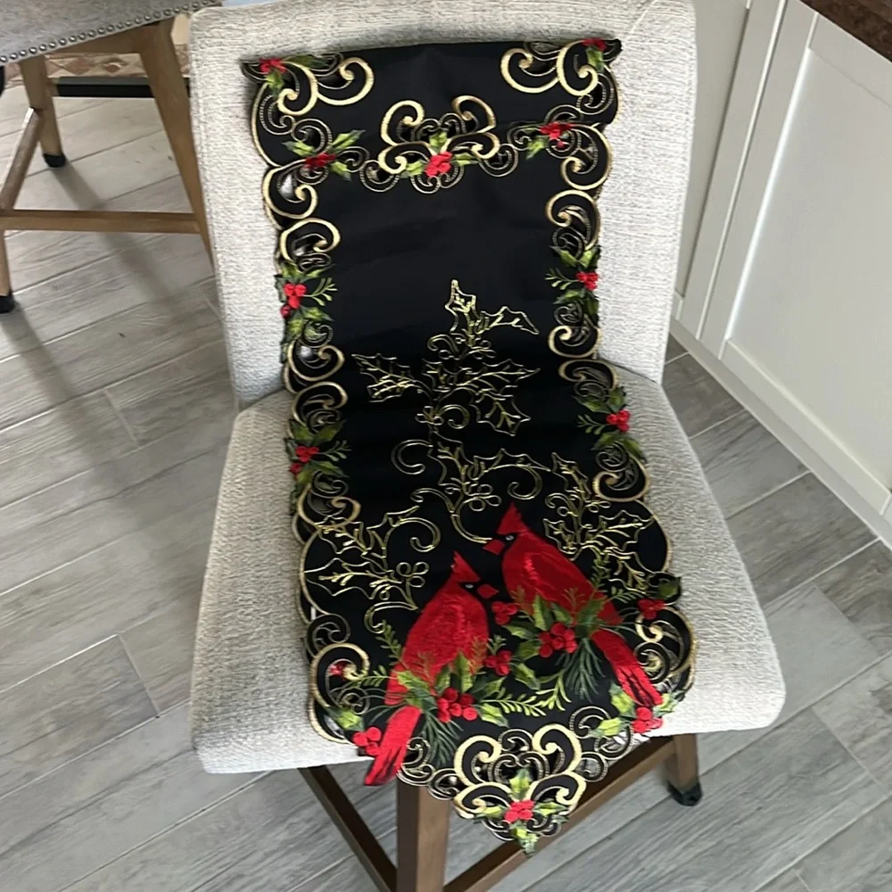 Holiday embroidered cardinal holly berry black gold table runner Christmas 67x12